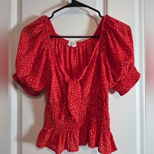 Red Ruffle Blouse With White Polka Dots